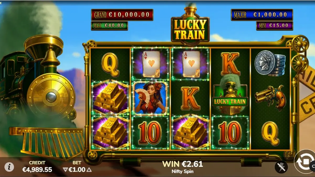 Kereta lokomotif steampunk dalam latar belakang gurun Wild West pada slot Lucky Train