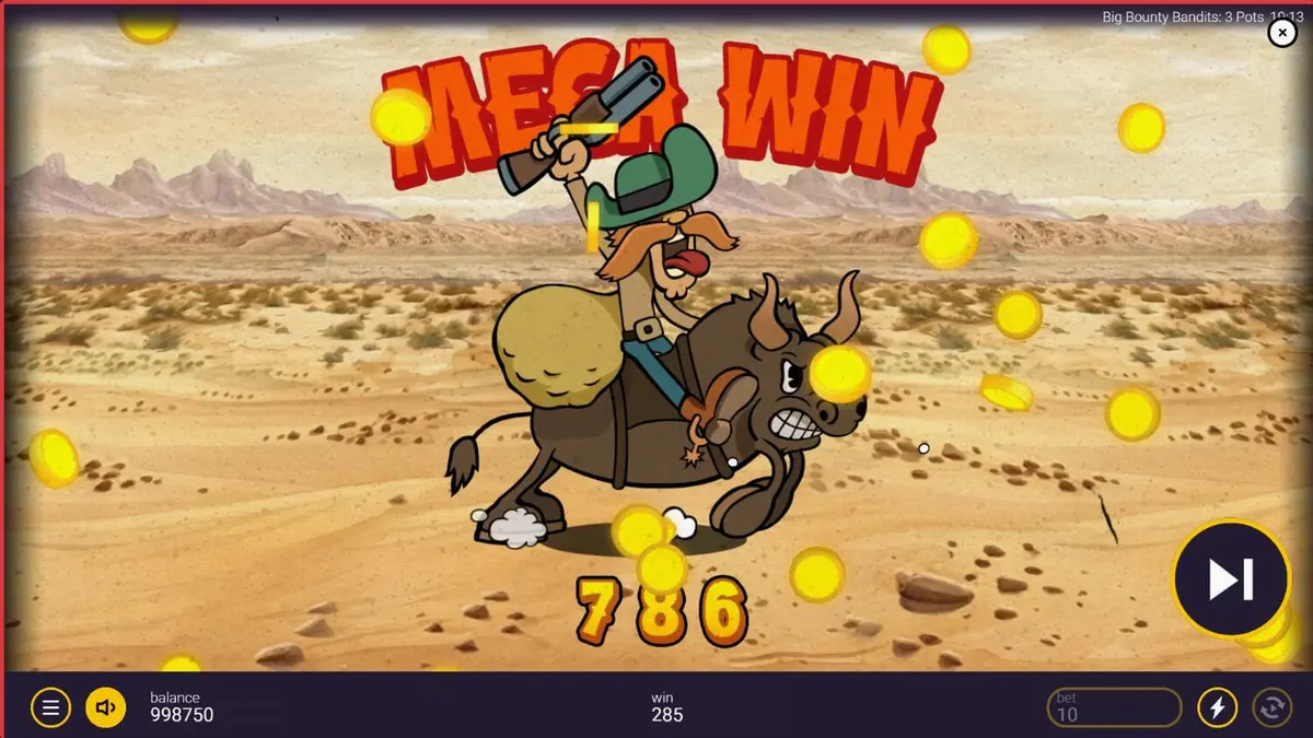 Tampilan visual slot Big Bounty Bandits: 3 Pots dengan tema animasi retro Wild West