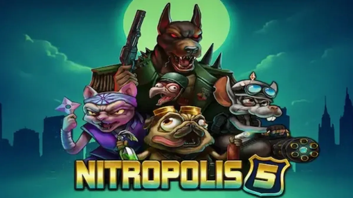 Tampilan visual intens dari slot Nitropolis 5 dengan tema perang klan hewan.