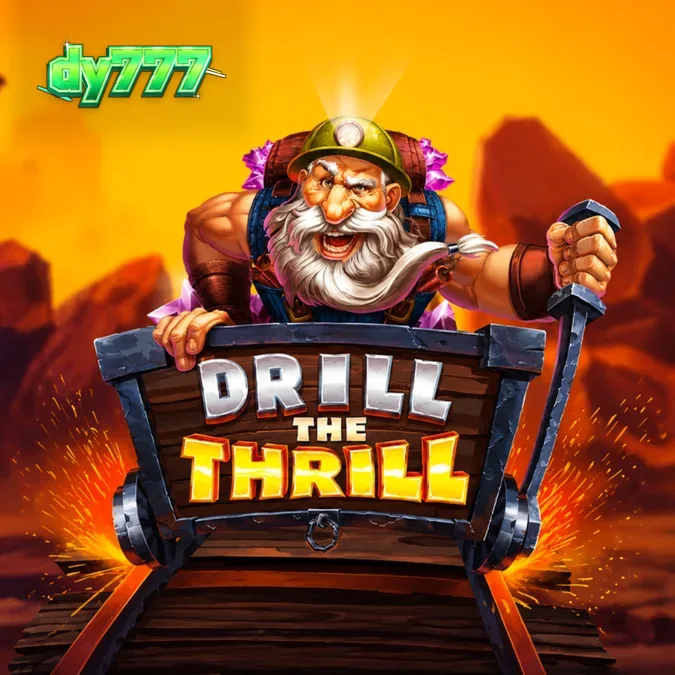Tampilan visual slot Drill the Thrill dengan tema pertambangan dan grid yang diperluas